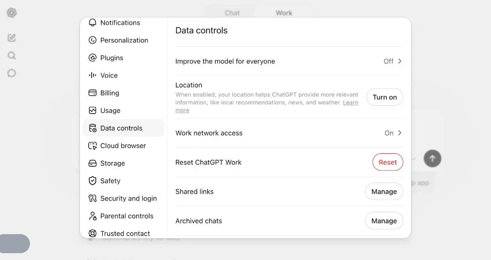 ChatGPT Settings showing Data controls and the Shared links Manage button