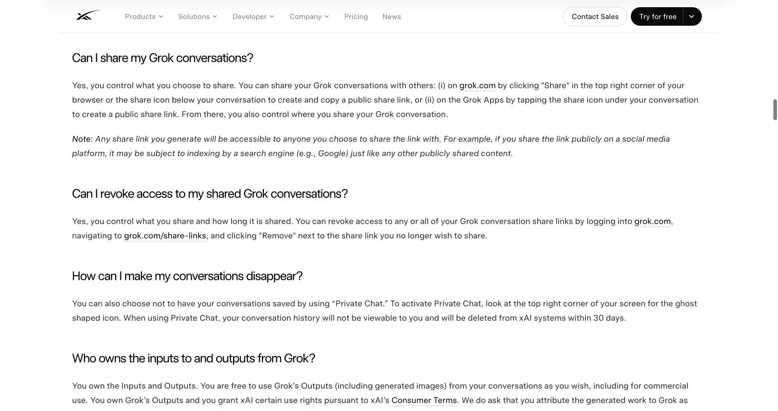 xAI Consumer FAQ explaining public Grok links, possible search indexing, and the Remove control
