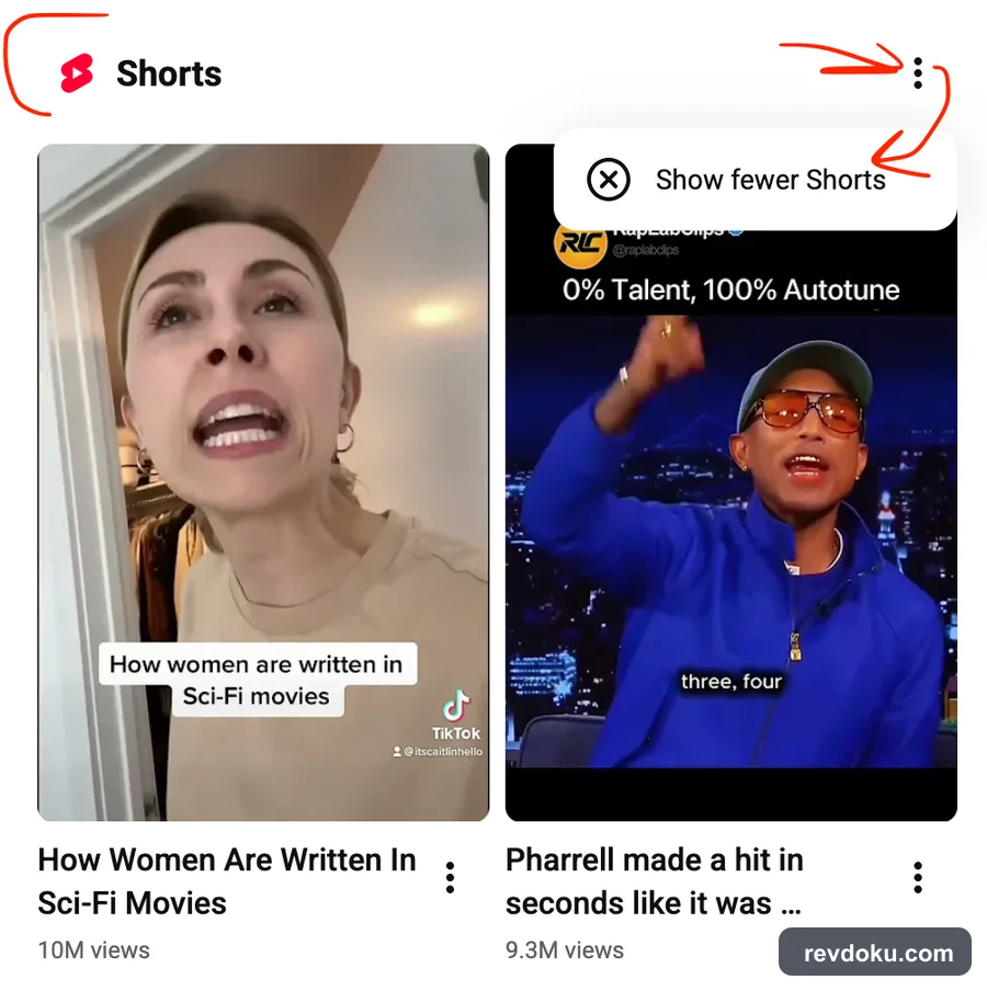 YouTube desktop Shorts shelf with Show fewer Shorts selected