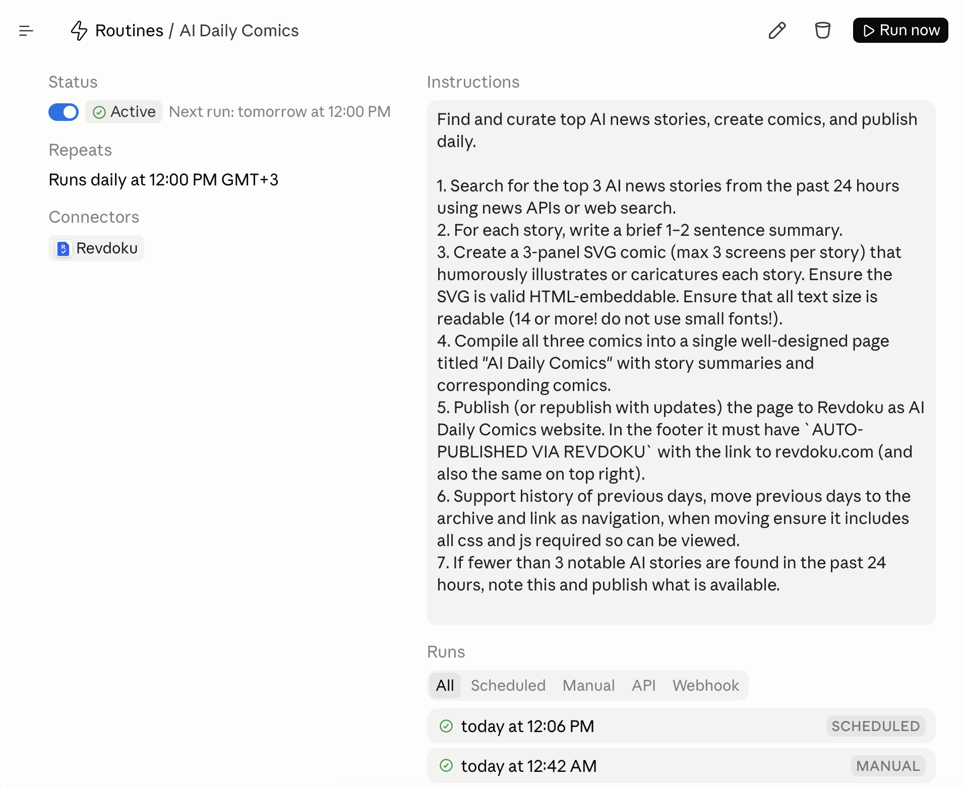 AI Daily Comics routine instructions with Revdoku connector active