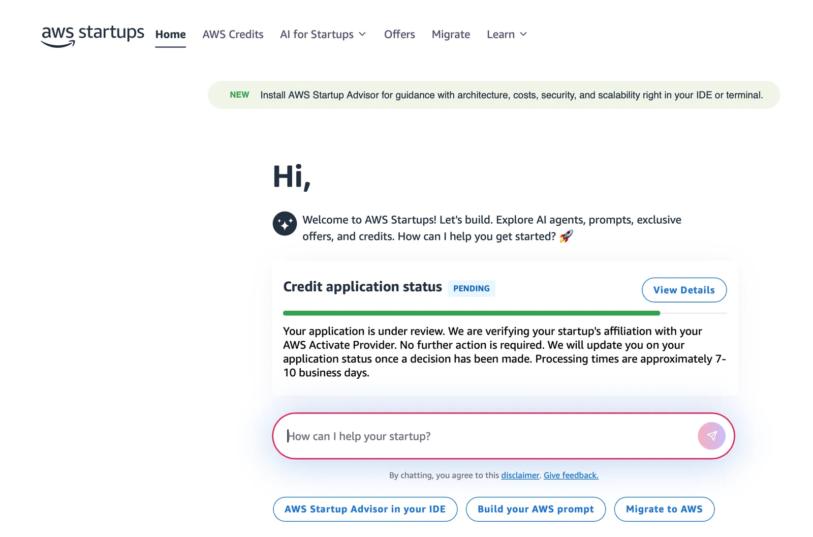 AWS Activate application under review with no action required and a 7–10 business day estimate