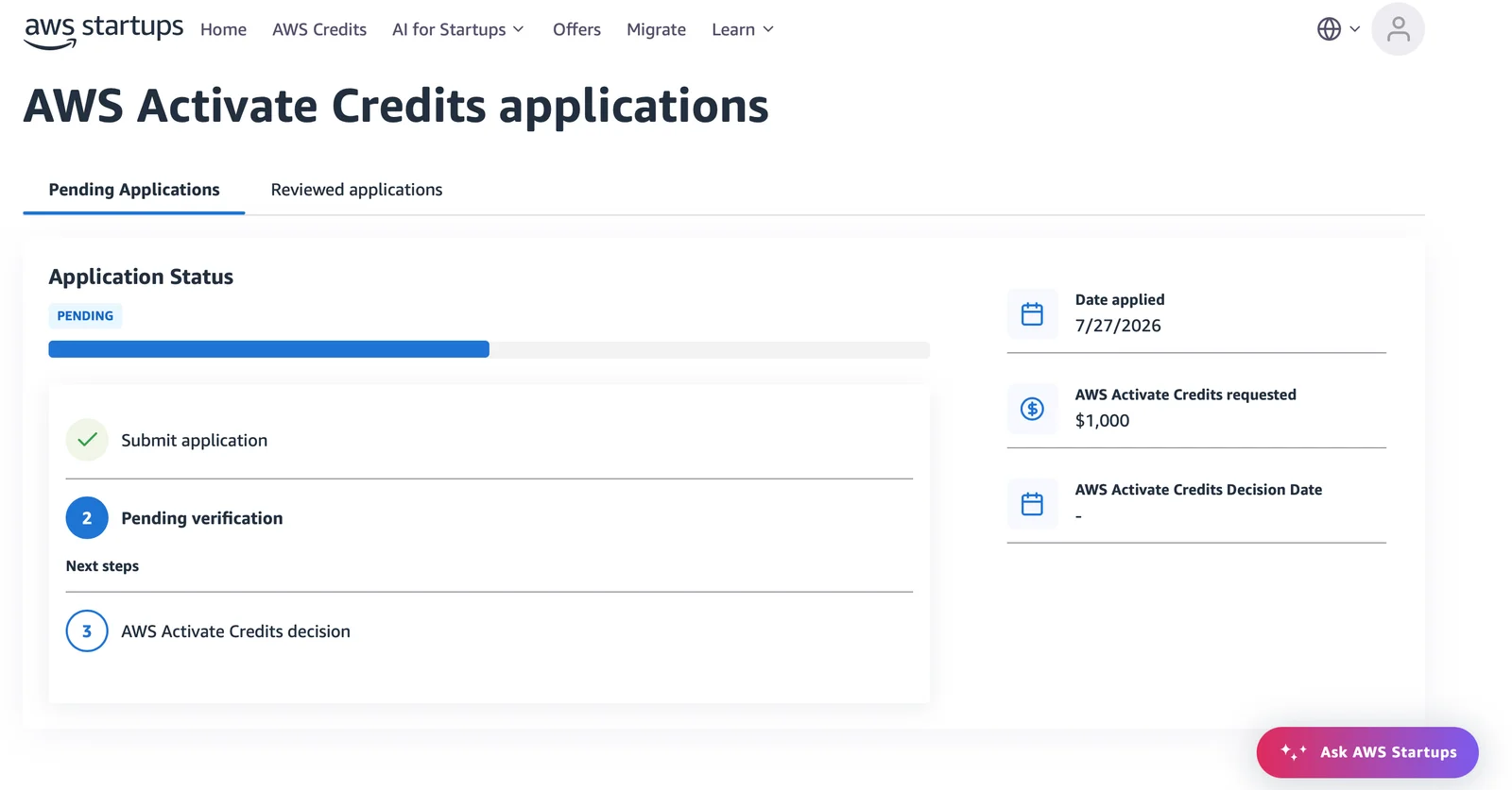 AWS Activate application status showing Pending verification and $1,000 requested