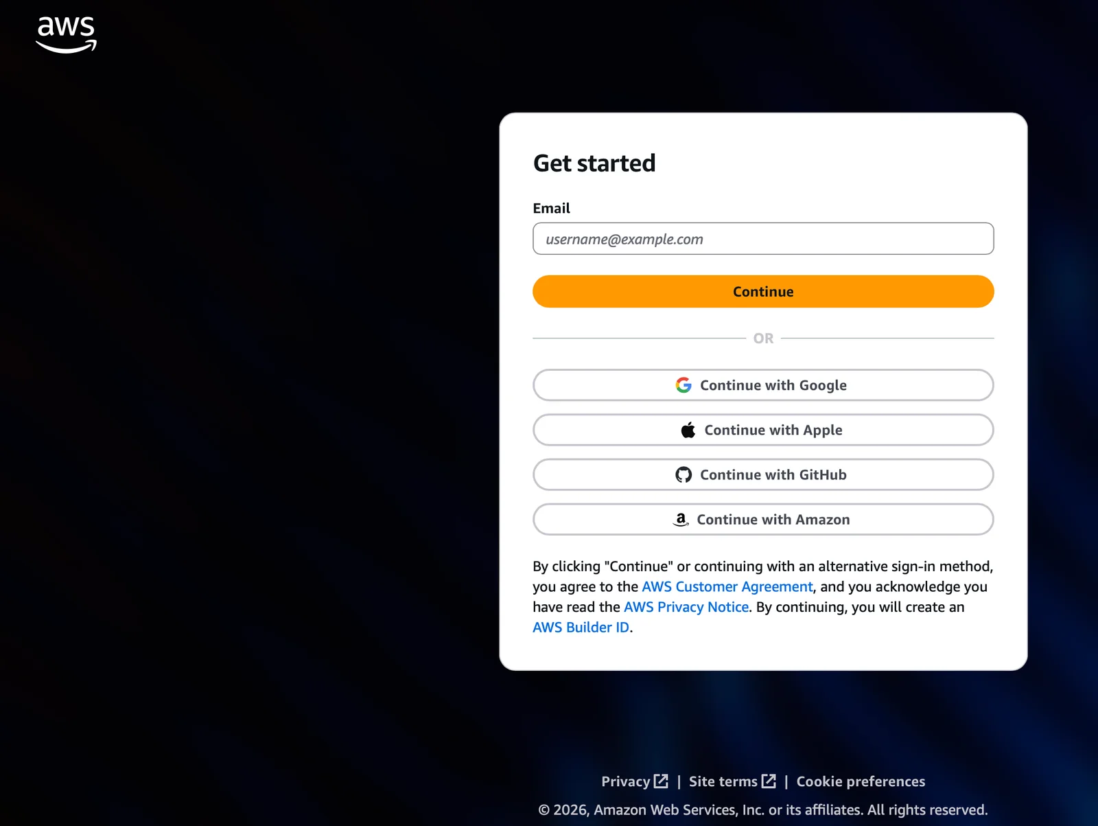 AWS Startups sign-up page for creating an AWS Builder Profile