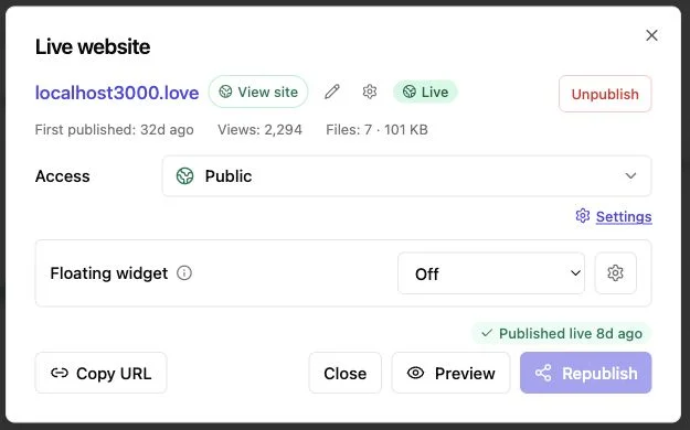 Revdoku live website settings for access, preview, and republishing