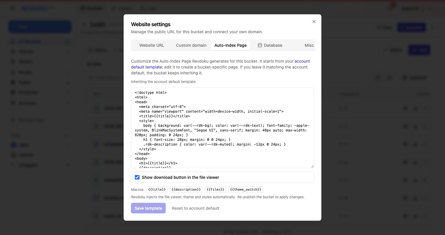Auto-Index Page template settings