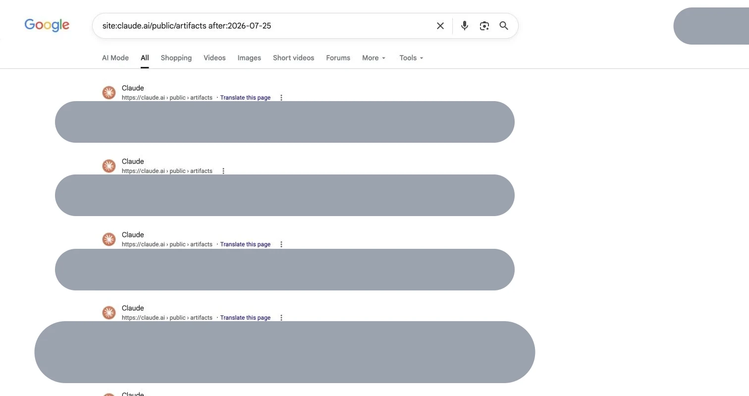 Google search limited to recent public Claude Artifacts with private details covered in light gray