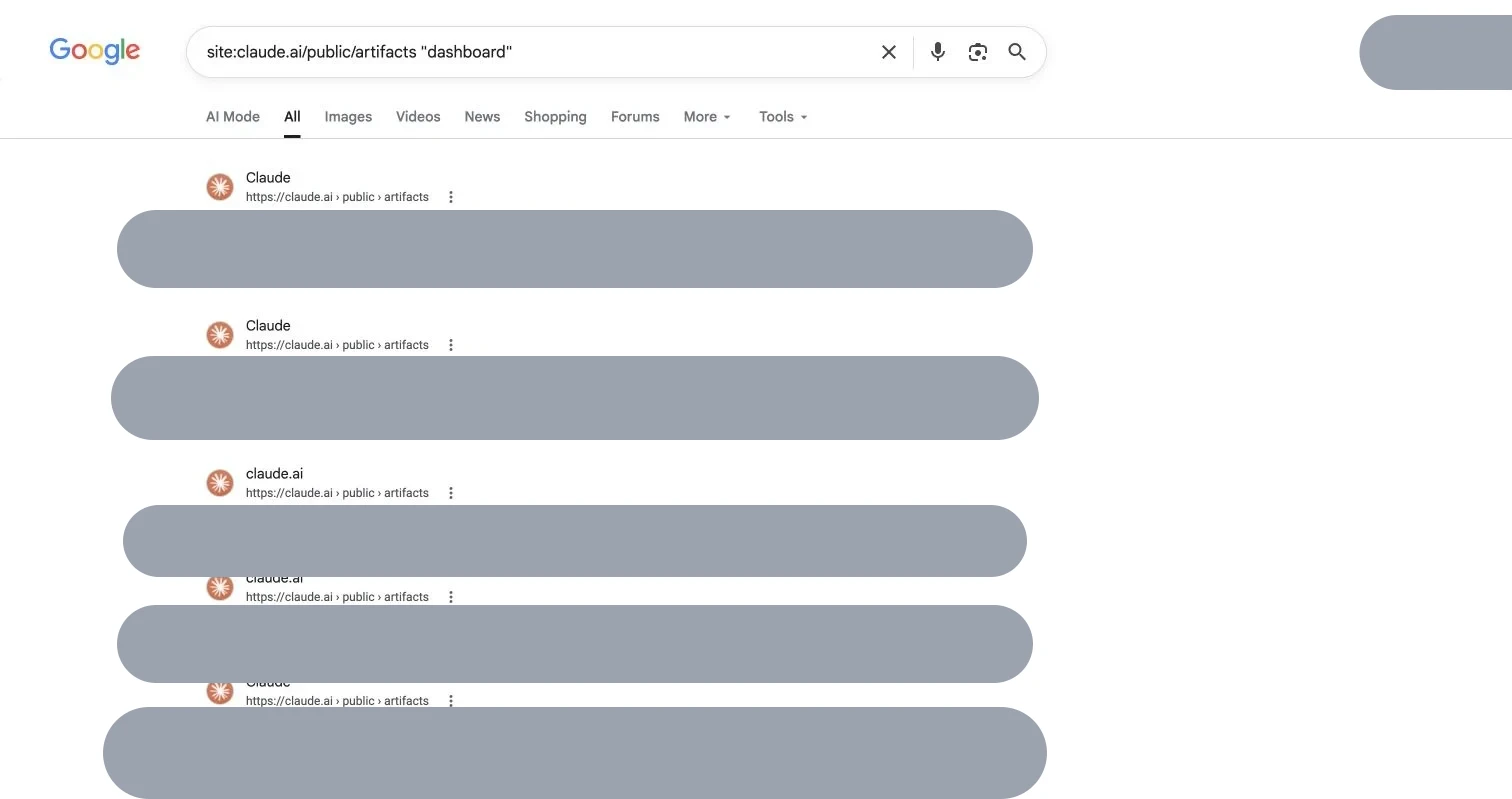 Google search for public Claude Artifacts containing dashboard with result details covered in light gray