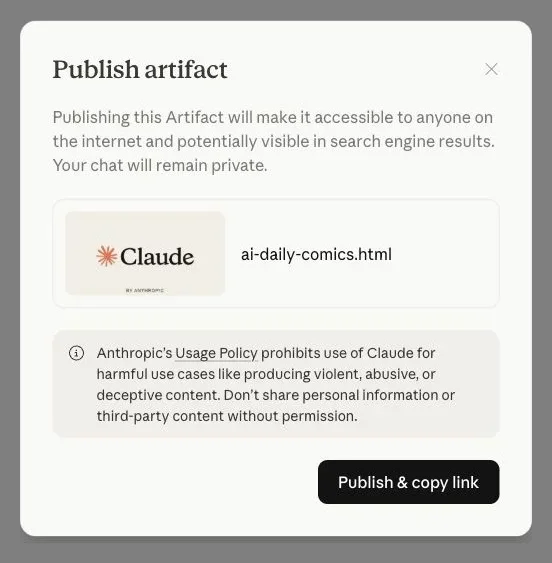 Claude Publish artifact dialog warning that the artifact may appear in search engines