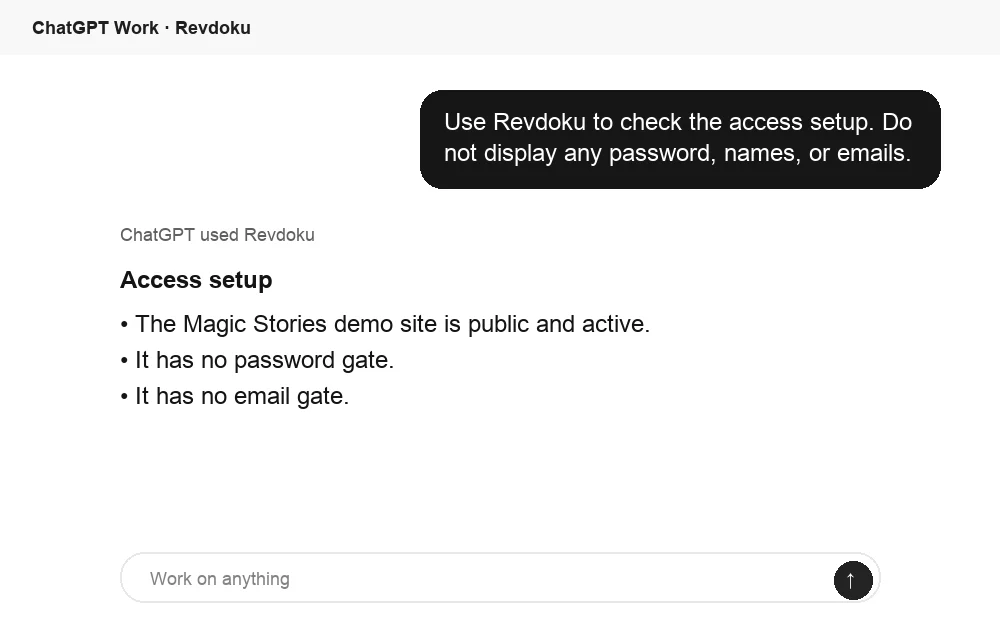 ChatGPT checks whether a Revdoku site is public, password gated, or email gated