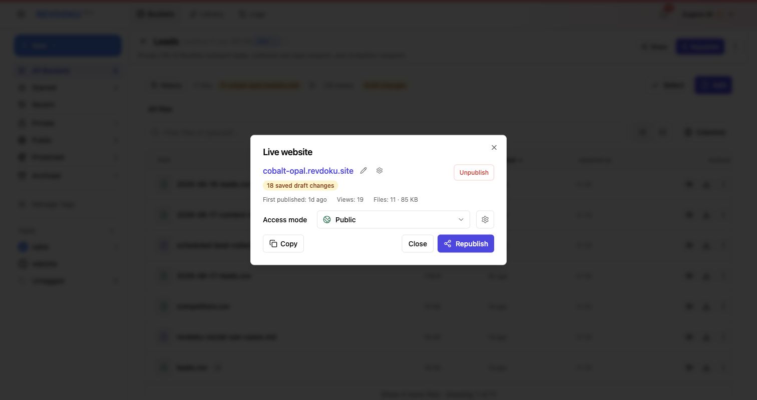 Public publishing mode in the live website dialog