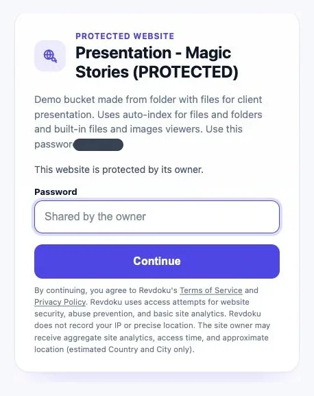 Revdoku shared-password access form shown before protected website files are delivered