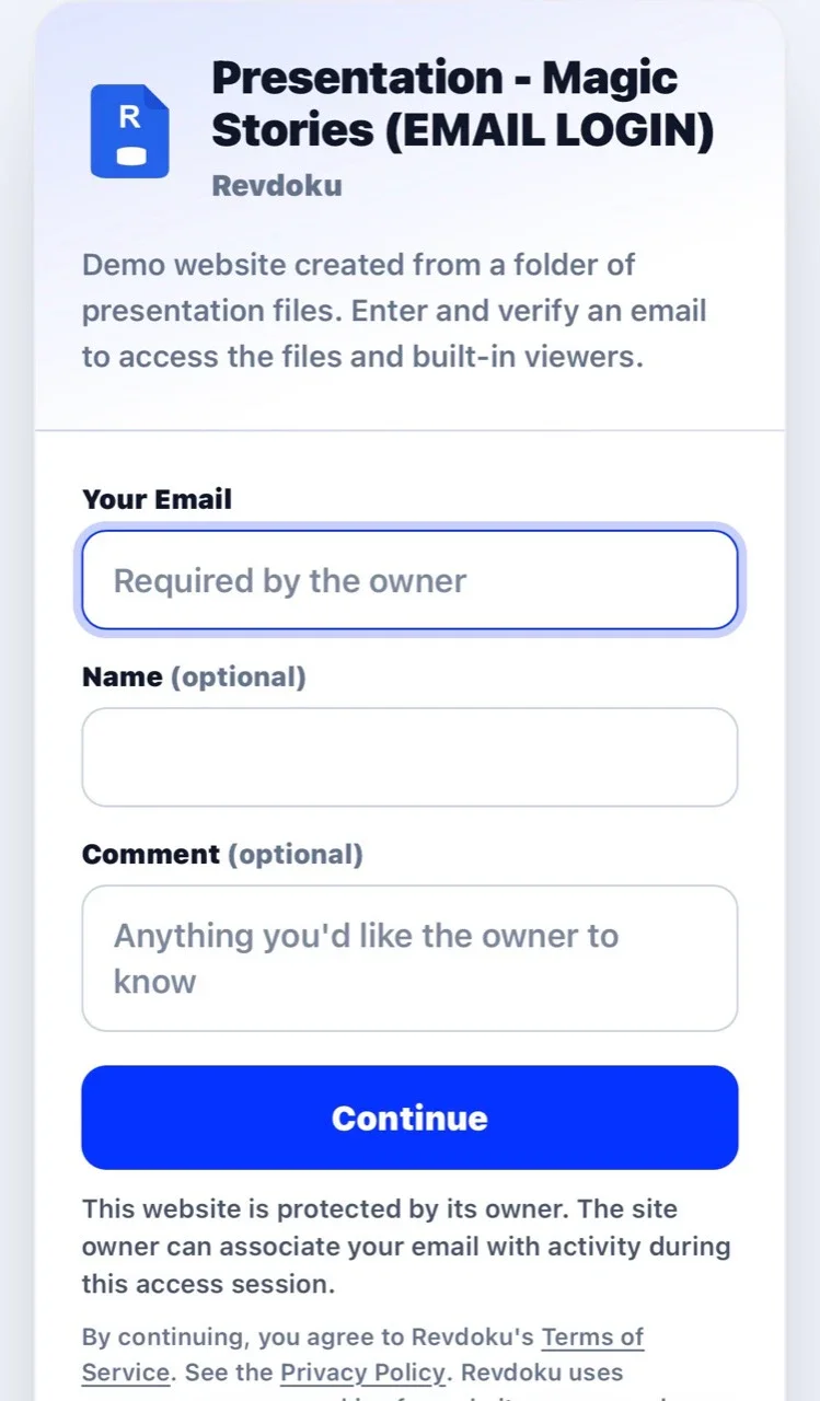 Revdoku verified-email access form for a static presentation website