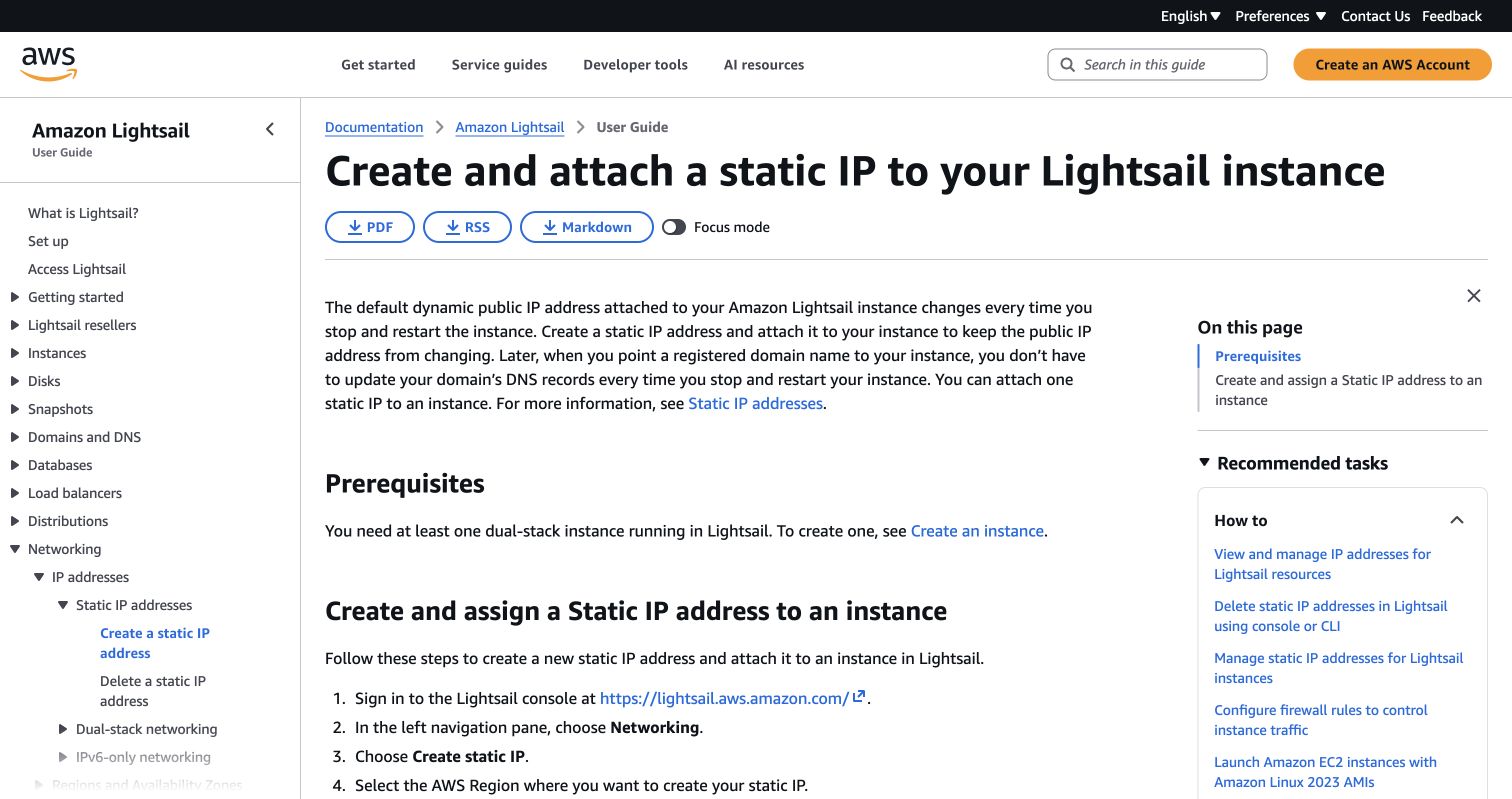 AWS Lightsail static IP guide