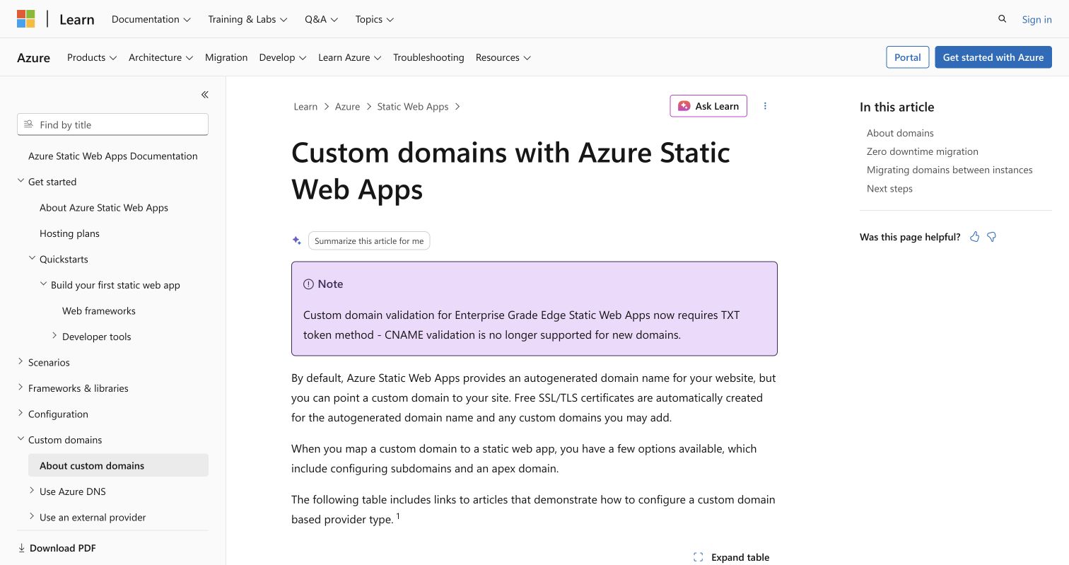 Azure Static Web Apps custom domain guide