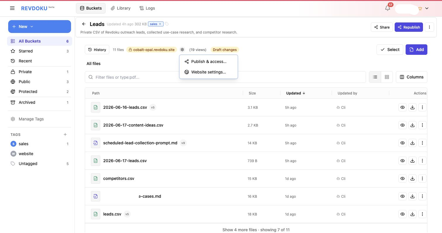 Website and publishing settings menu