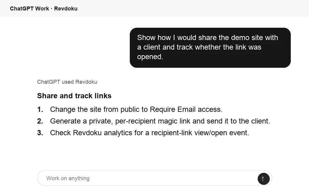 ChatGPT explains how to share a Revdoku site and track link opens