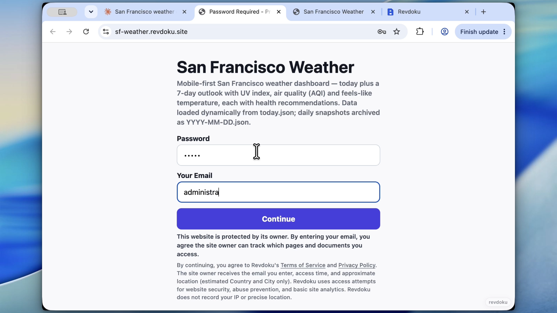 Visitor enters password and email
