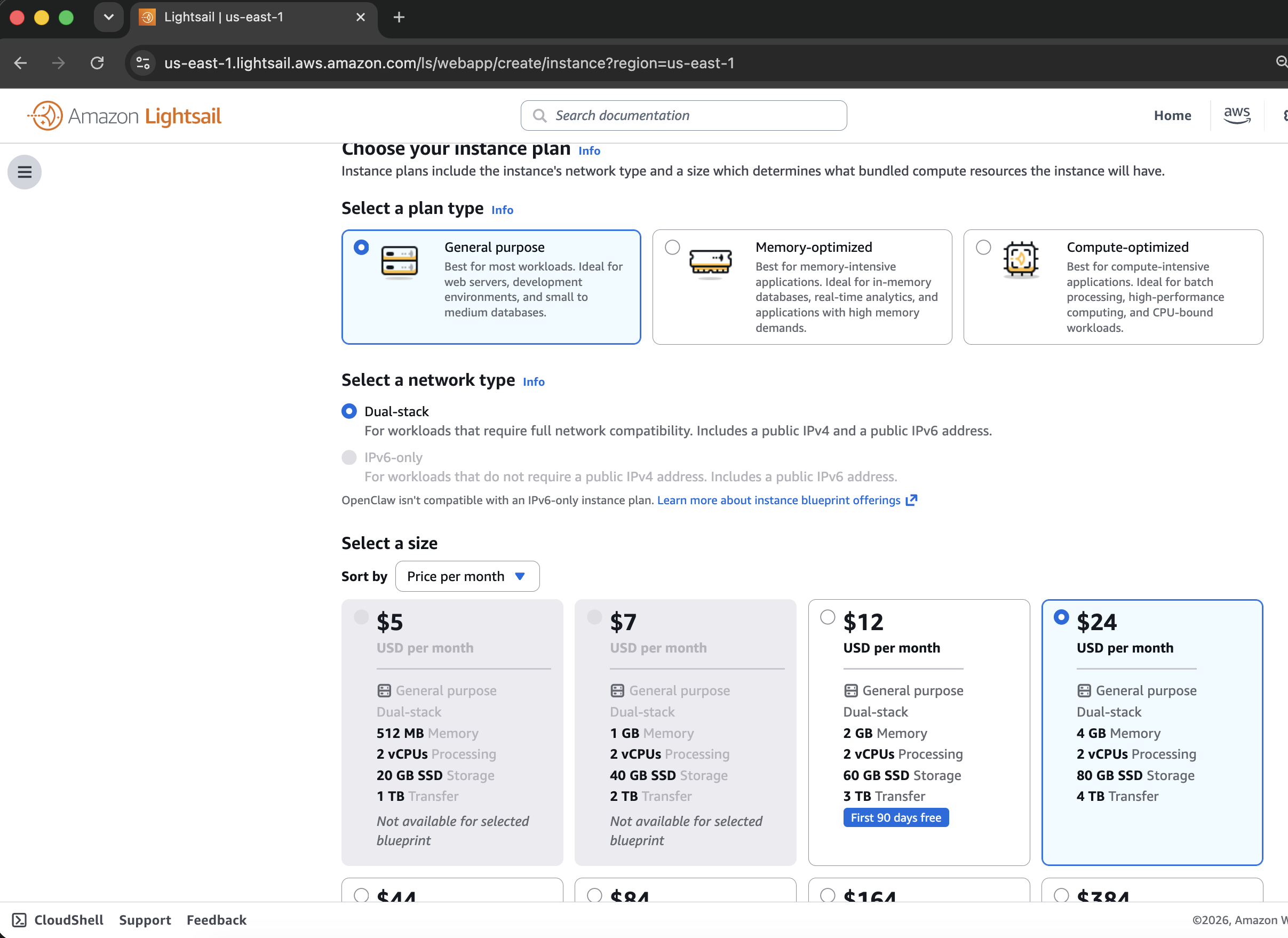 Choosing an AWS Lightsail instance plan