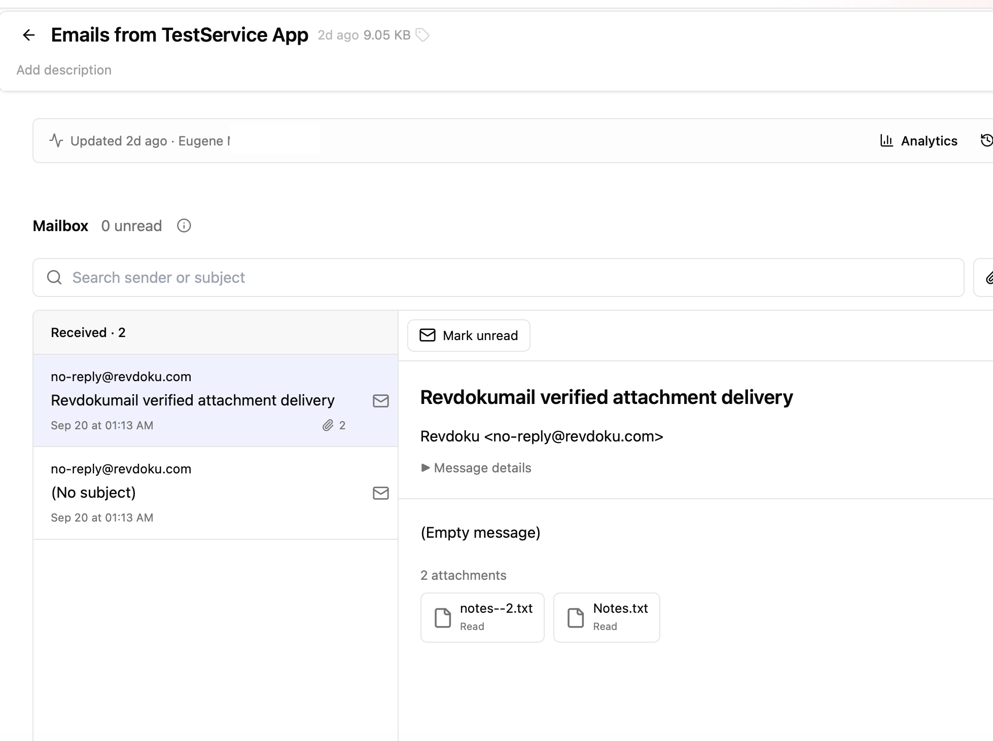 Revdoku mailbox showing received emails, read status, and two attachments