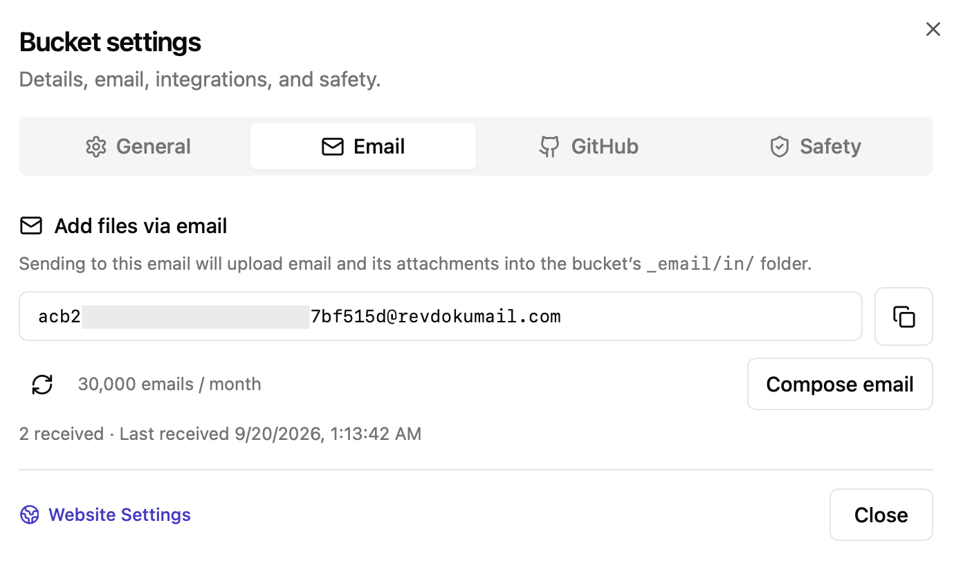 Bucket Email settings with its unique incoming address partially hidden