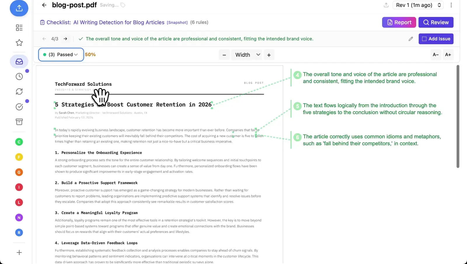 Blog post analyzed for AI writing patterns showing 3 detected issues