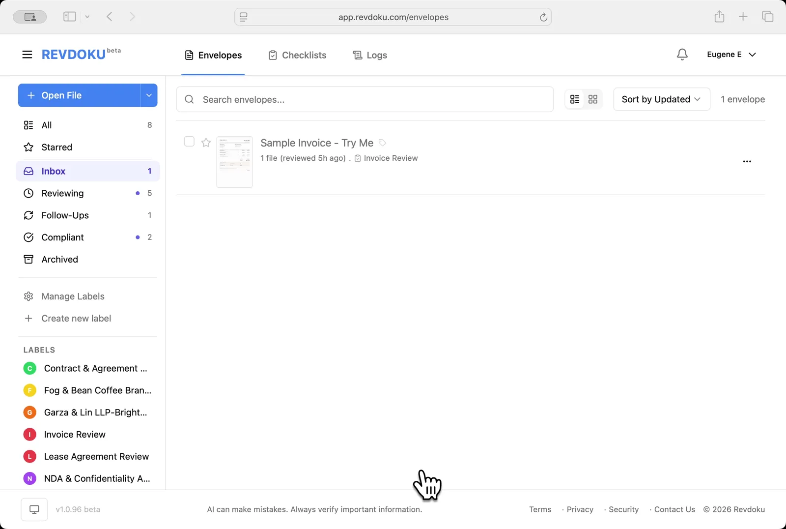 Open the Envelopes inbox. The inbox lists the documents available for review