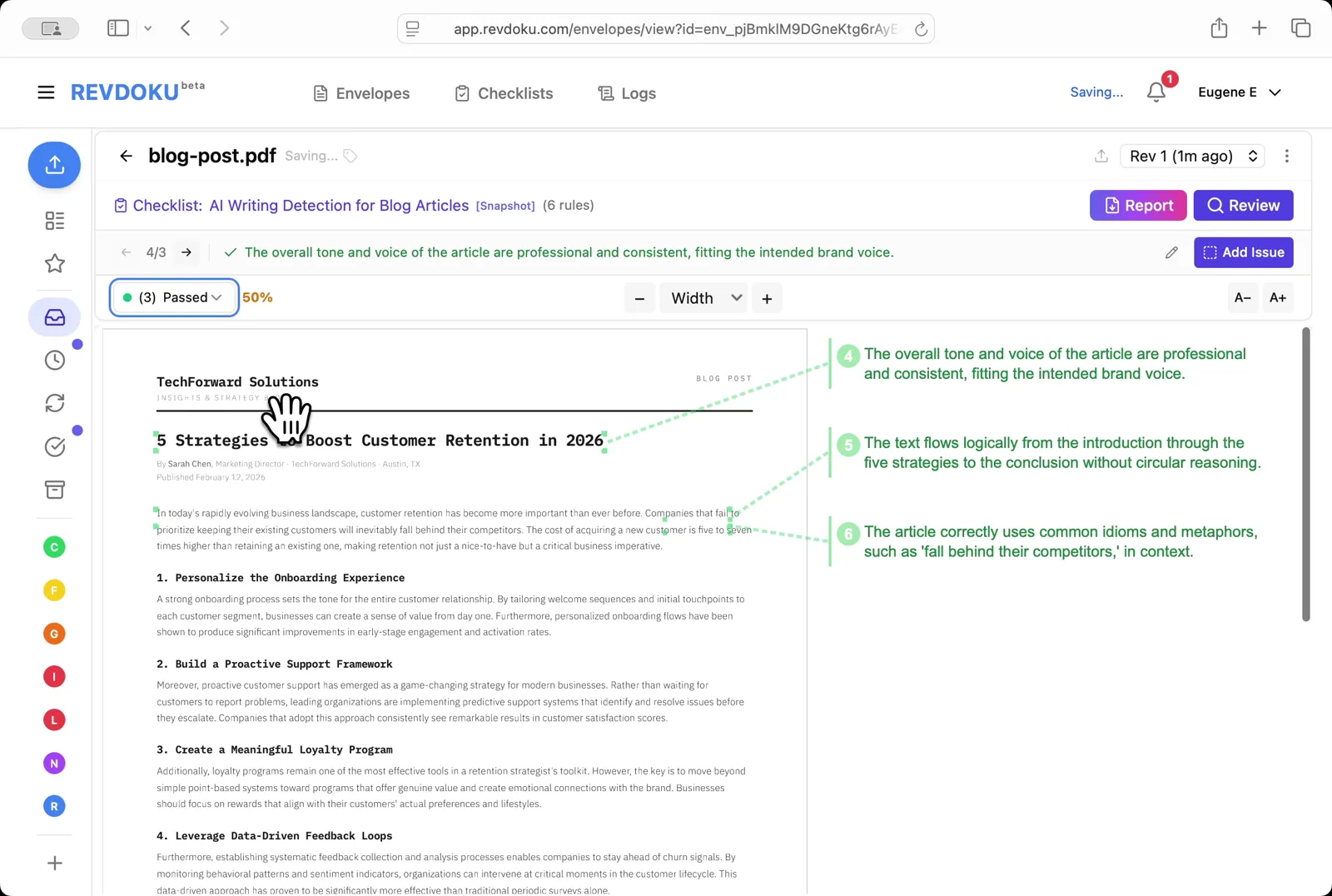 Read the issues. Three failures are flagged: a factual inaccuracy (the February 12, 2026 publication date is in the future), surface-level generic advice, and mechanical use of transition words like Moreover and Additionally