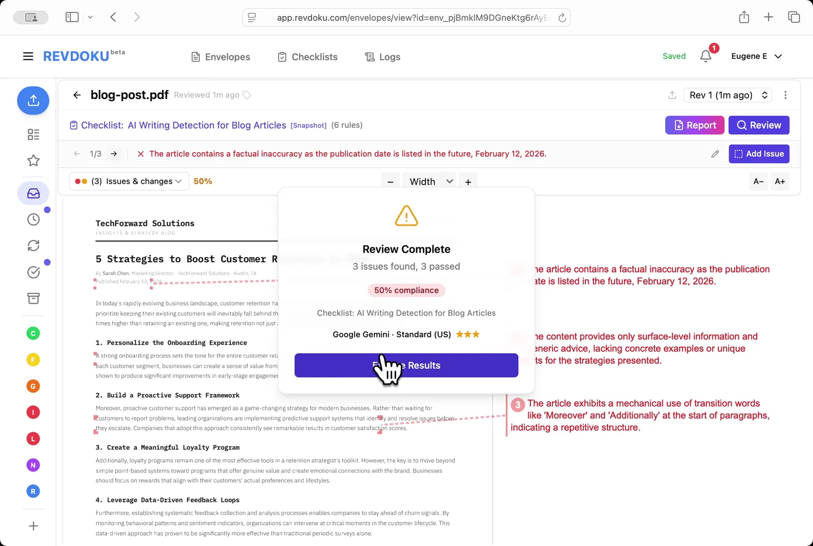 Read the result. The Review Complete dialog reports 3 issues, 3 passed, 50% compliance