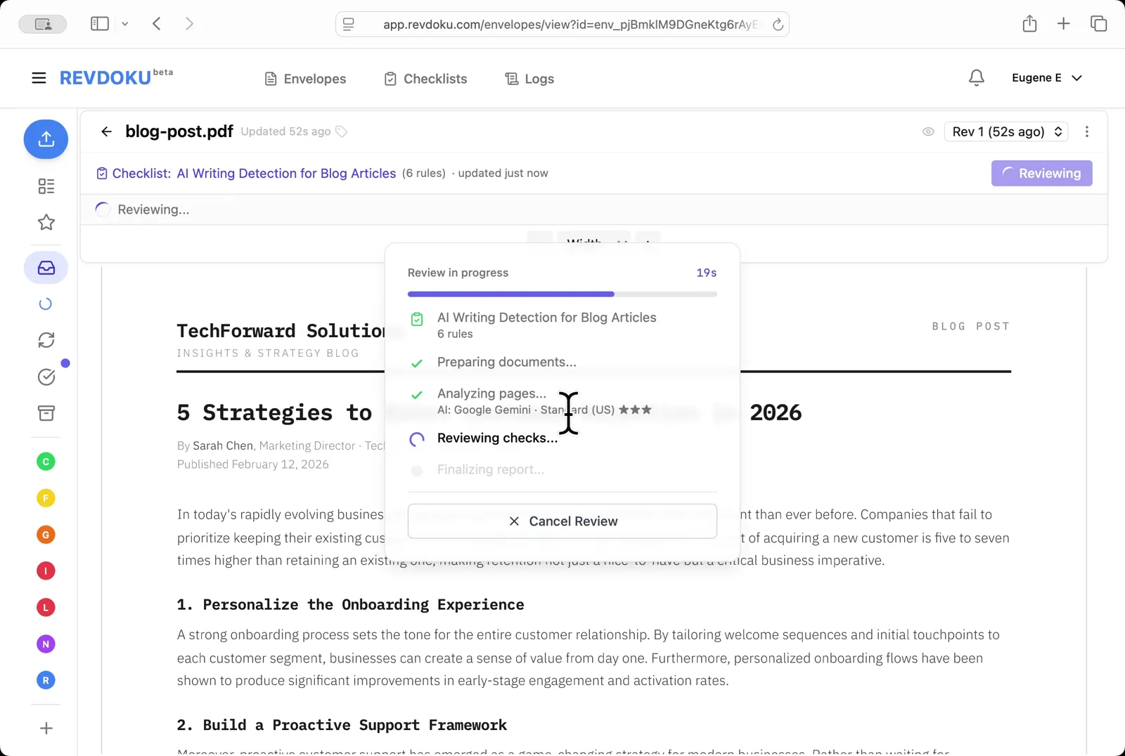 Wait for the checks. The Reviewing checks stage applies each rule to the extracted text