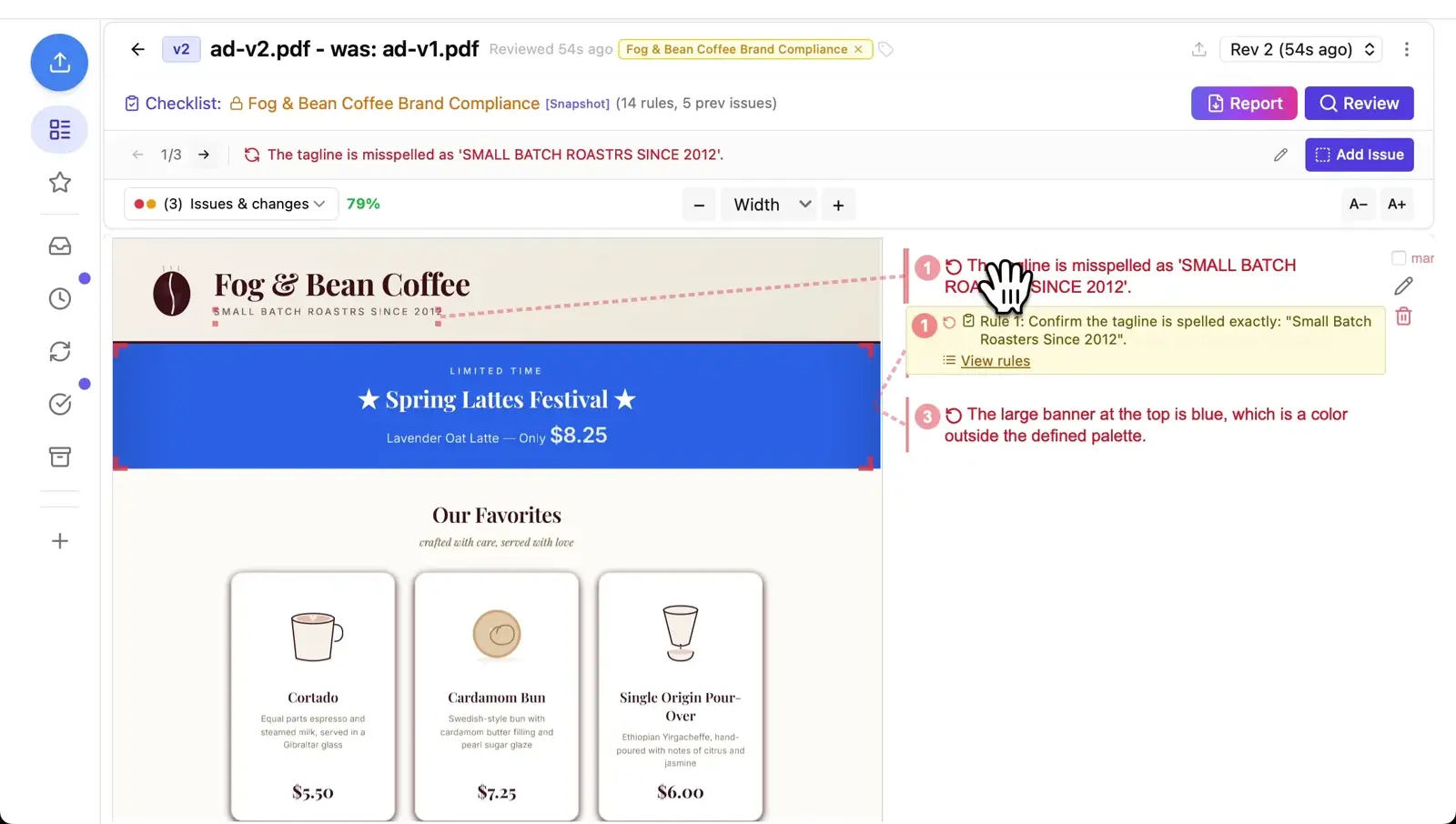 Coffee shop ad checked against brand guidelines showing misspelled tagline