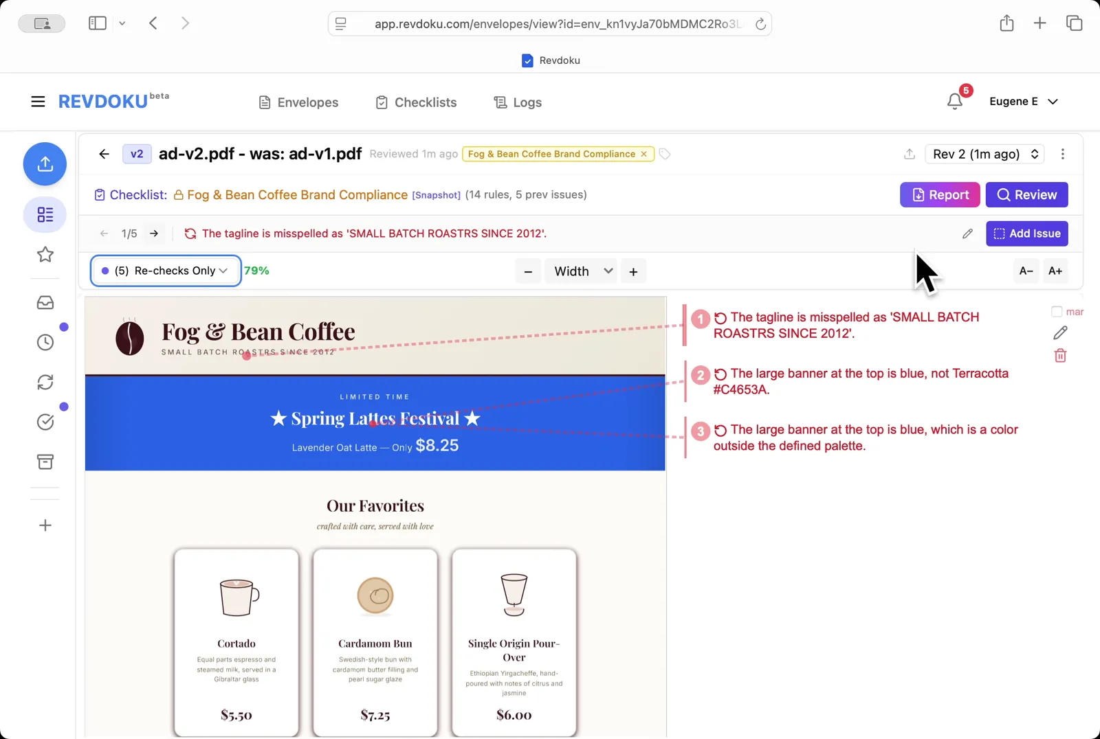 Filter to re-checks only. Pick Re-checks Only in the dropdown to see only the 5 checks that changed between v1 and v2