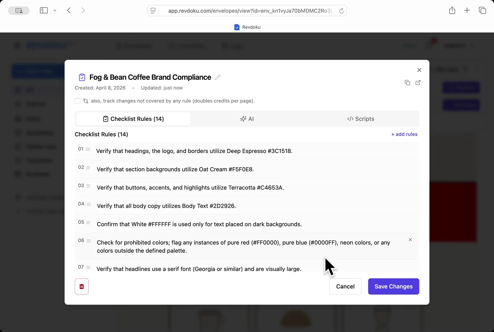 Generate the rules. Revdoku turns the pasted brand guide into a 14-rule Fog & Bean Coffee Brand Compliance checklist. Each rule is editable