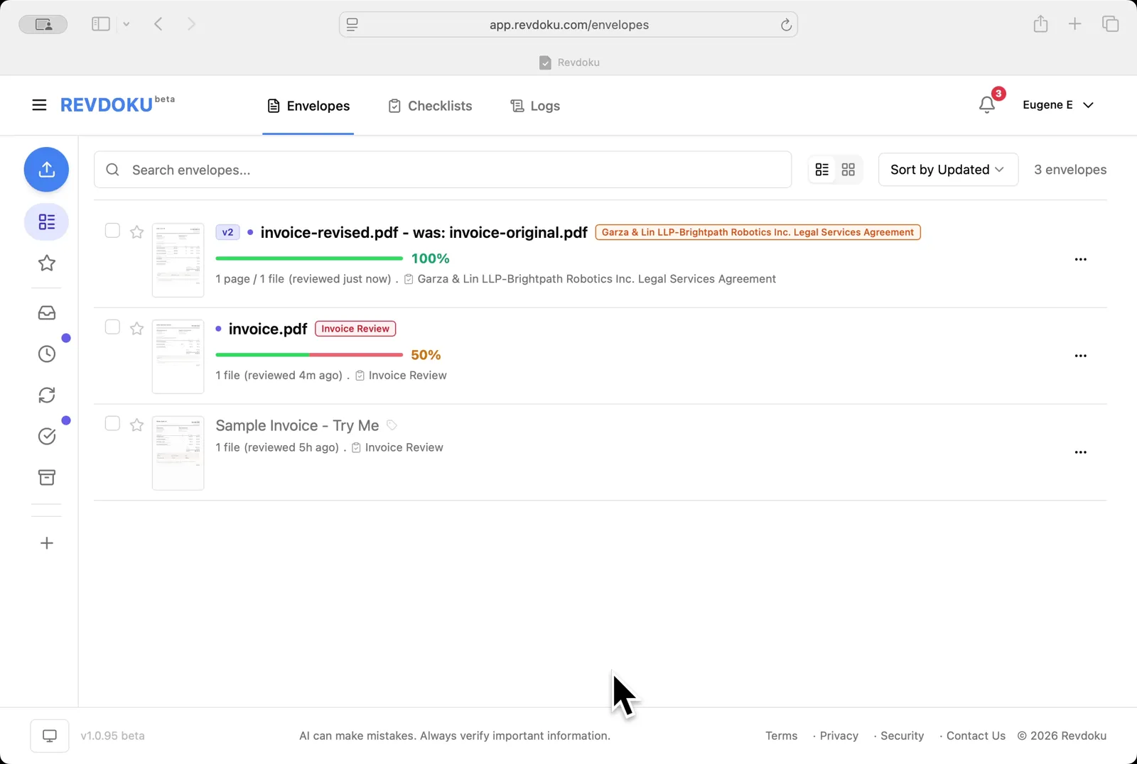 Open the Envelopes inbox in Revdoku. The inbox lists the documents you can review