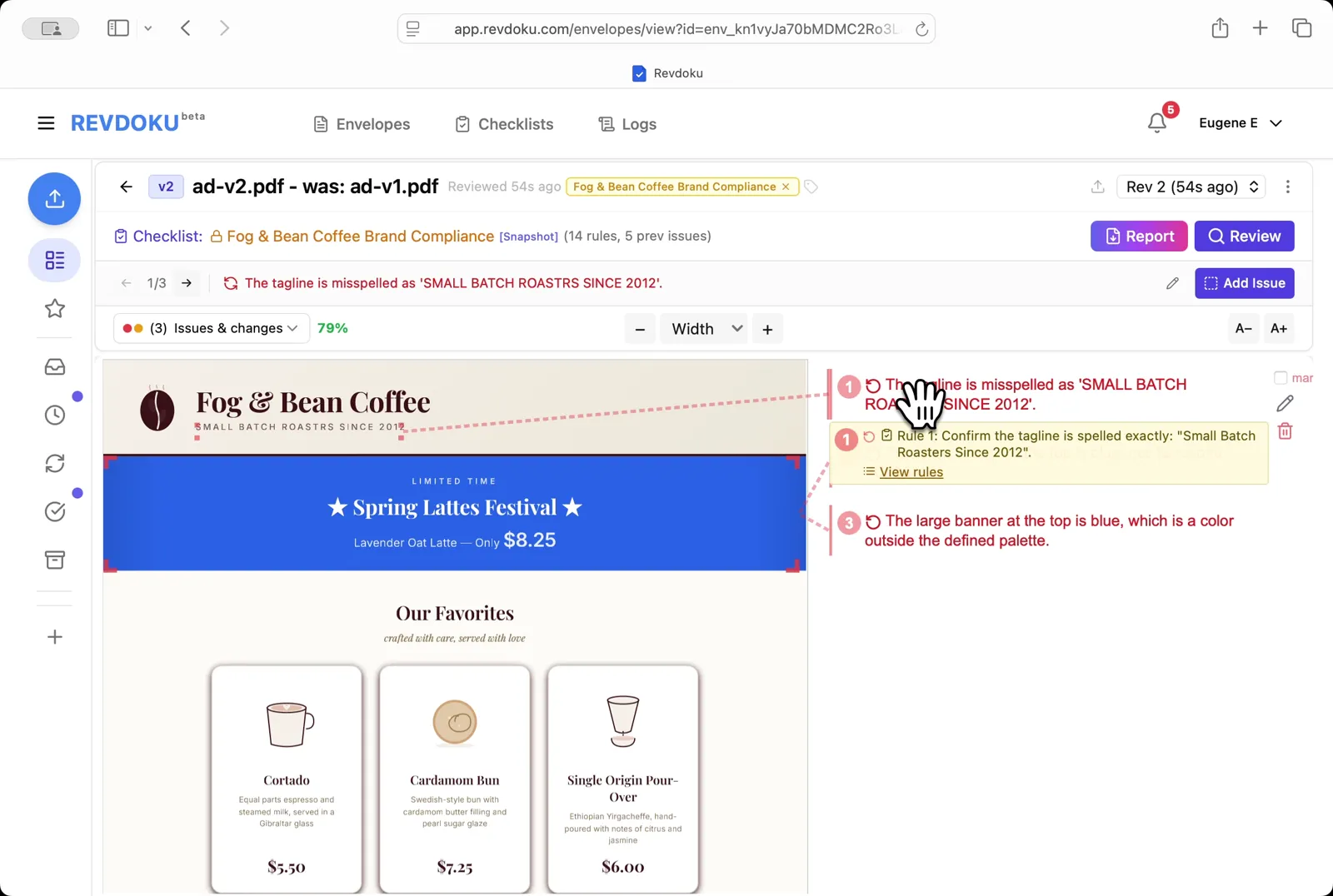 Read the issues on v2. The ad now shows three new issues, including a misspelled tagline (SMALL BATCH ROASTRS SINCE 2012) and a banner color outside the palette