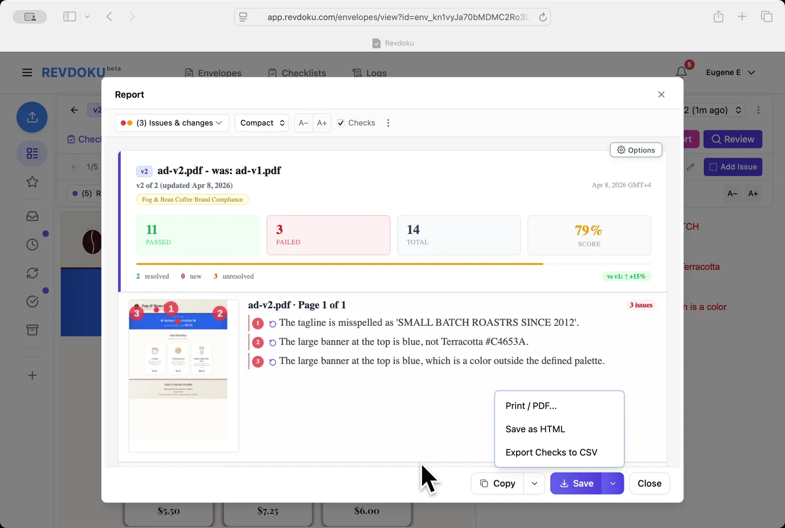Read the v2 report. Revdoku scores ad-v2.pdf at 79% (11 passed, 3 failed, +15% vs v1) and lists 2 resolved and 3 unresolved findings