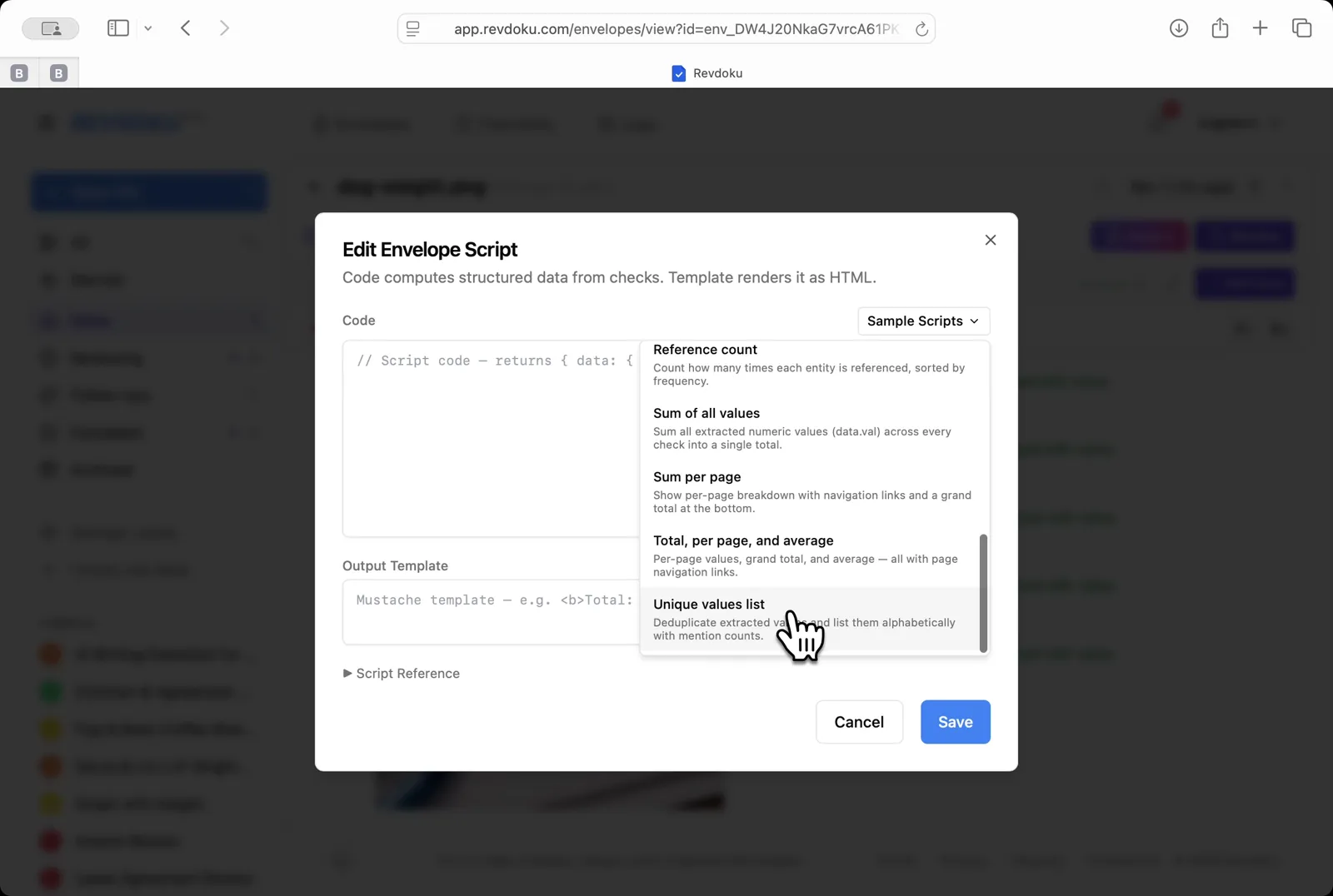 Insert a sample script. From the Sample Scripts dropdown, pick Unique values list to deduplicate and alphabetize the points