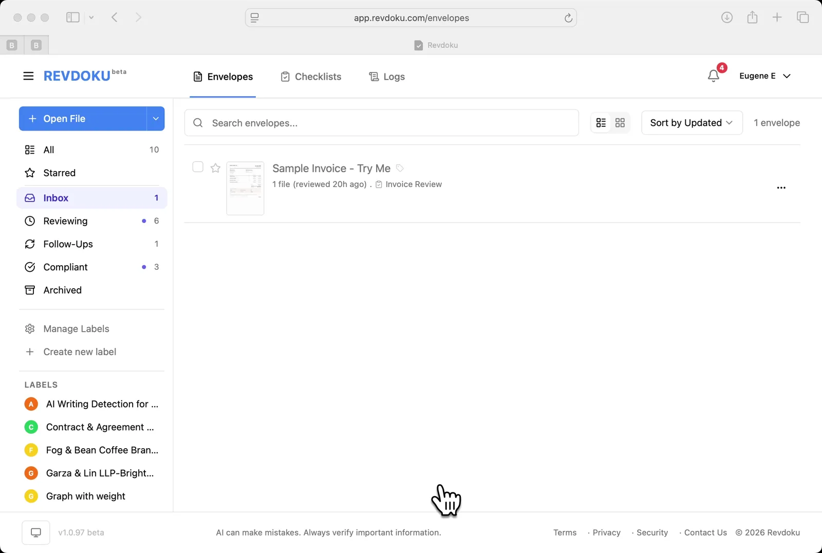 Open the Envelopes inbox. The inbox lists the documents available for review