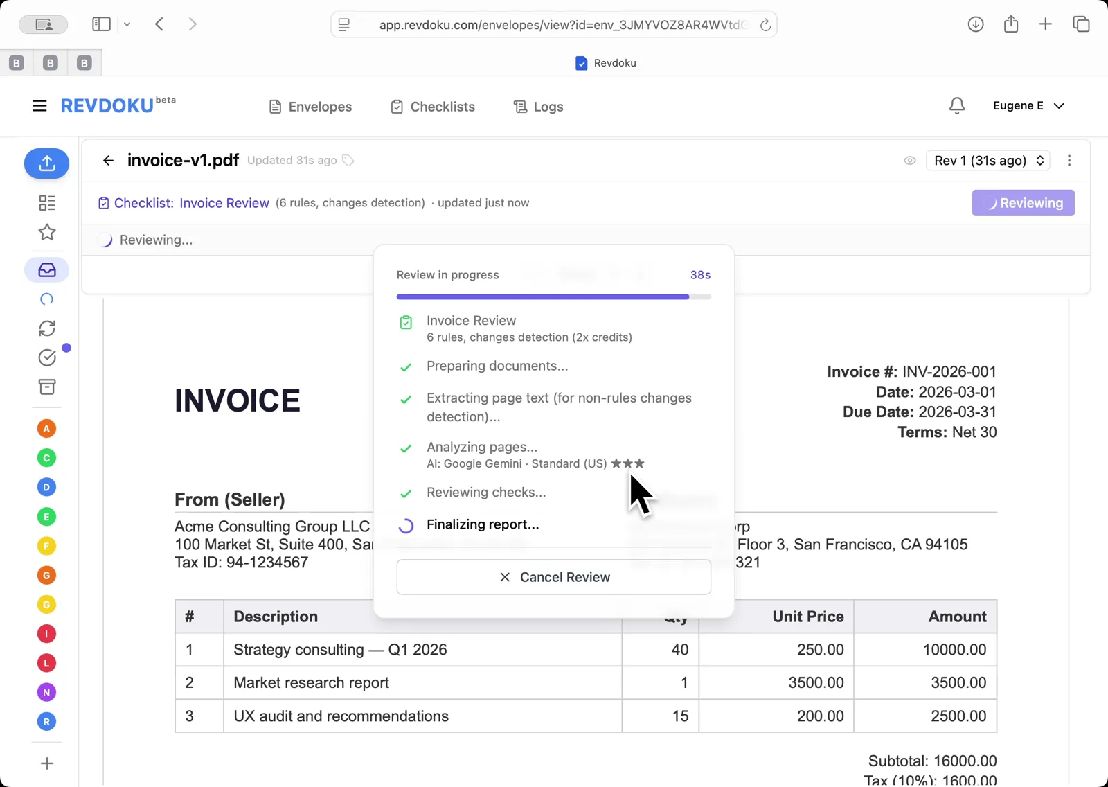 AI analyzes pages with Google Gemini, then reviews checks and finalizes the report