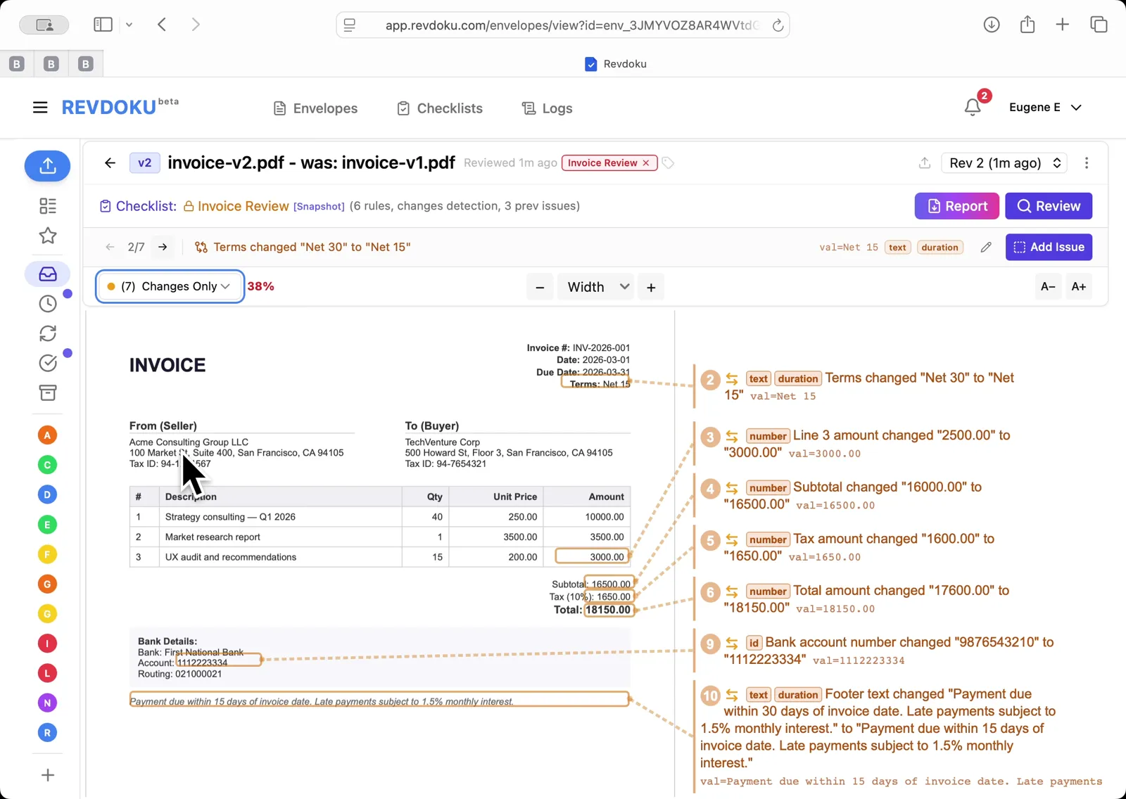 Final Report view — every field-level change annotated: Net 30 to Net 15, line item, subtotal, tax, total, and bank account number