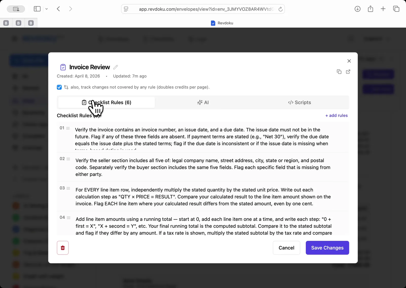 Open the Invoice Review checklist showing 6 rules and the track-changes option enabled