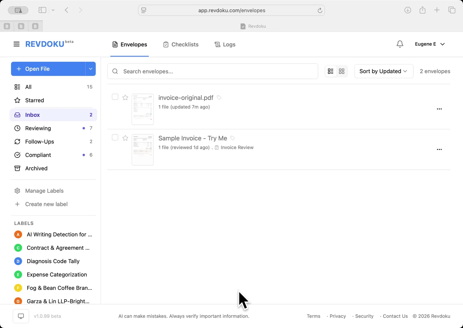 Revdoku Envelopes inbox — invoice-original.pdf and Sample Invoice are listed