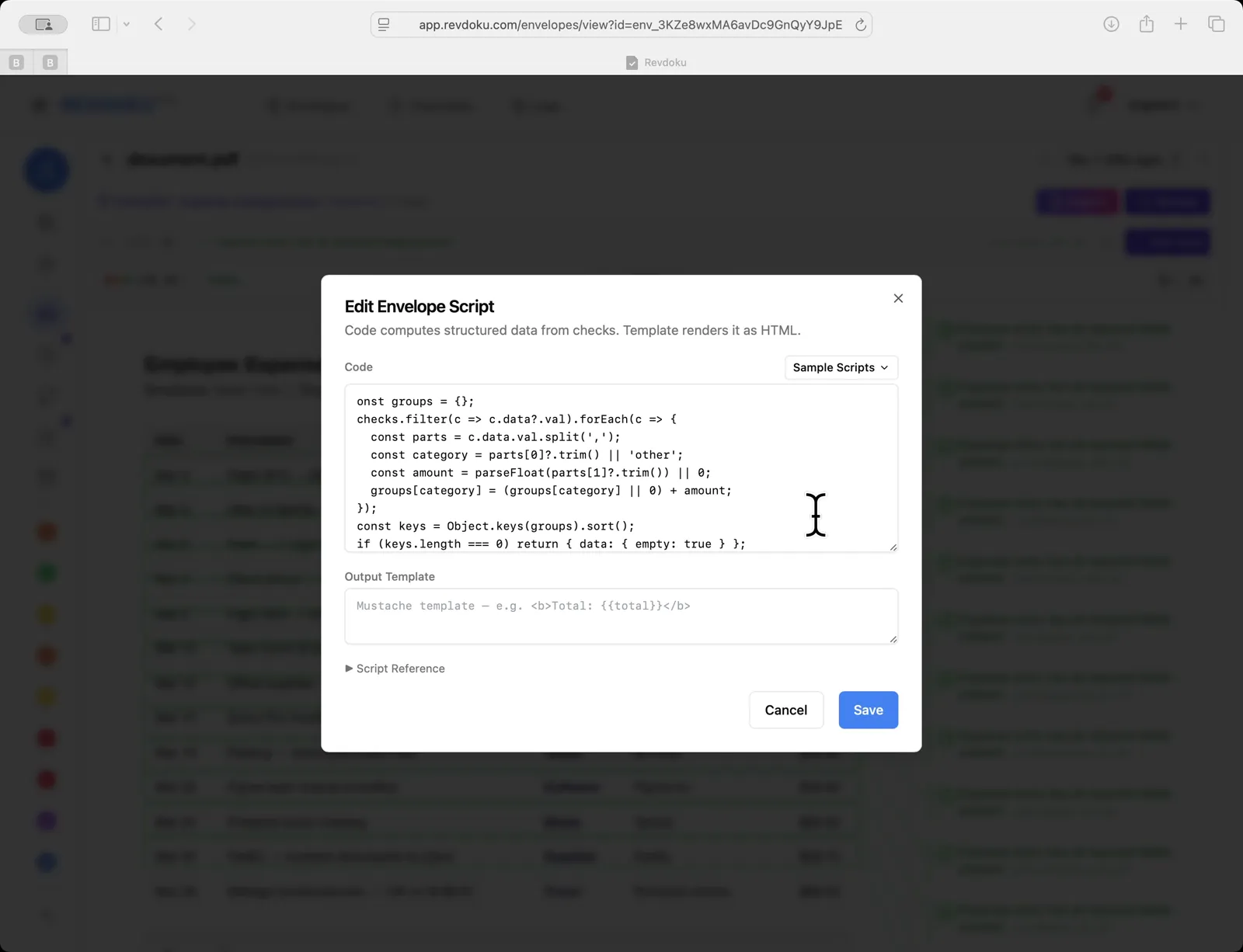Code field filled with rollup script