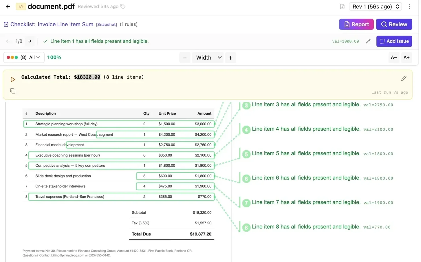 Invoice with 8 line items summed to $18,320 total