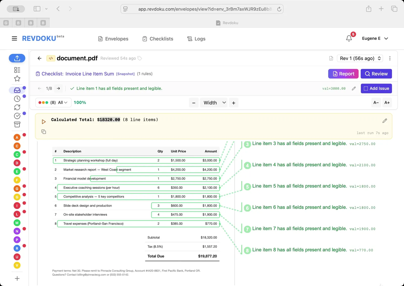 Read the calculated total. The result panel reports Calculated Total: $18320.00 (8 line items), which matches the subtotal printed on the invoice. Each line is highlighted and mapped back to its row in the PDF.