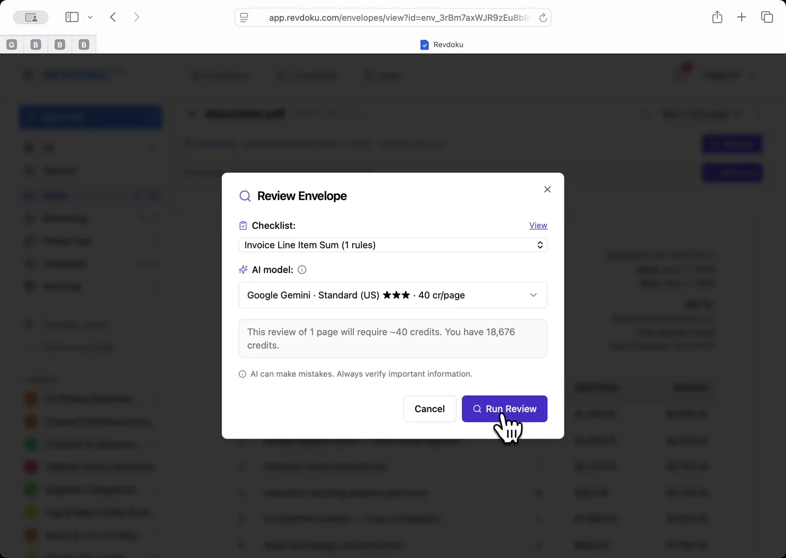 Write the line-item extraction rule. In the Invoice Line Item Sum checklist editor, the rule tells Revdoku to create one check per invoice row, mark each as passed if description, quantity, unit price, and amount are all present and legible, and save the amount in the check value field. Click Save Changes.