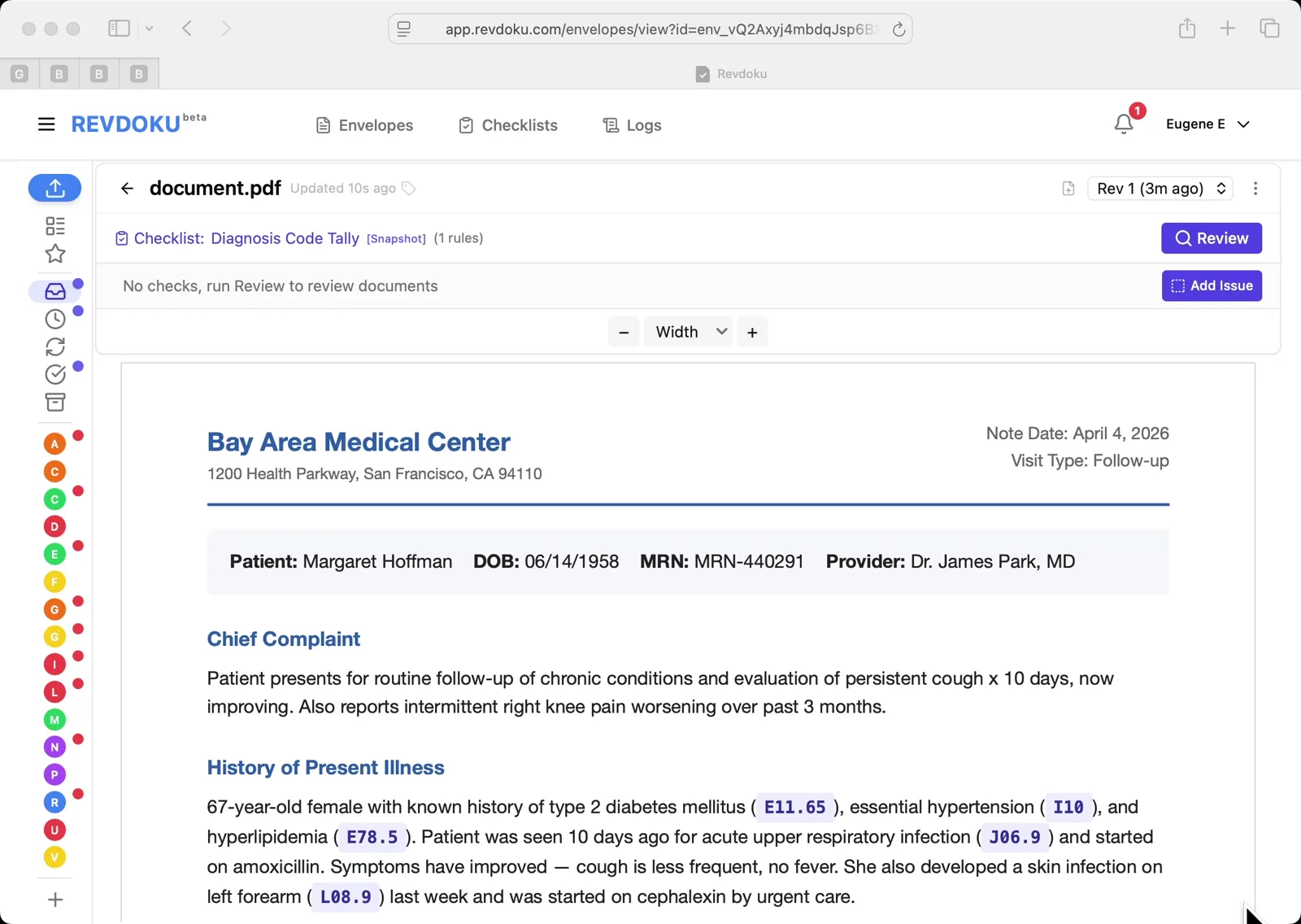 Open the follow-up note. A follow-up encounter note for patient Margaret Hoffman is open. ICD-10 code badges such as E11.65, I10, E78.5, J06.9, and L08.9 are inline in the chief complaint and history of present illness.
