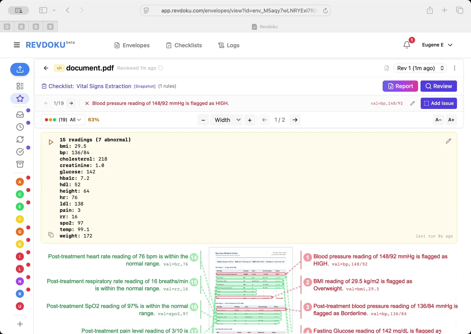 Read the extracted readings. The result panel reports 15 readings, 7 abnormal — including bmi 29.5, bp 136/84, cholesterol 218, glucose 142, hba1c 7.2, ldl 138, and pain 3. Each value is tied back to the row it came from in the PDF.