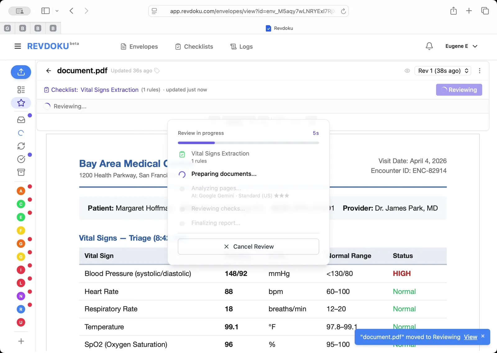 Run the Vital Signs Extraction checklist. Click Review, select Vital Signs Extraction (1 rules) in the dialog, and click Run Review. Revdoku runs through Preparing, Analyzing, Reviewing, and Finalizing.