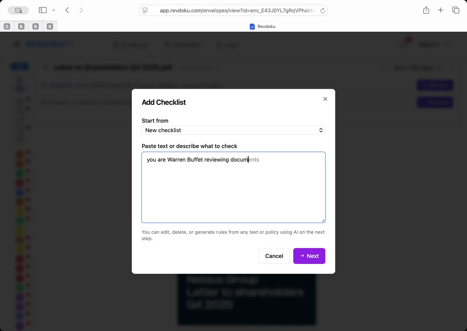 Describe the check in a single line. In the Add Checklist dialog, under Paste text or describe what to check, type the one-line prompt — you are Warren Buffet reviewing documents — and click Next. Revdoku will expand this prompt into concrete rules with AI on the next step.
