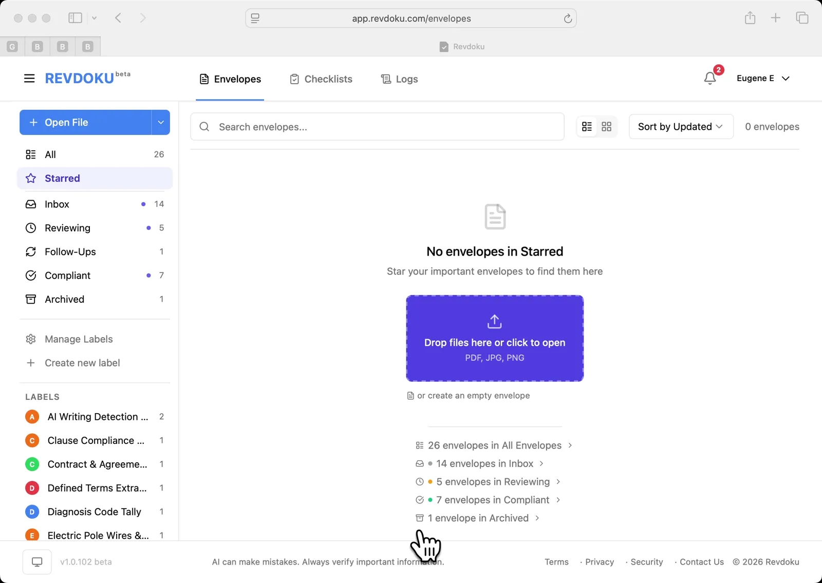 Open Revdoku and drop the letter. The Starred view is empty. Drag Letter to Shareholders Q4 2025.pdf from Nebius Group into the purple Drop files here zone to create a new envelope.